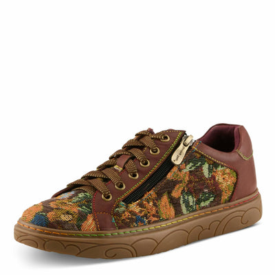 Spring Step L'Artiste Danli-Fab Fashion Sneakers – Premium Leather with Tapestry Print Upper - Lace Up Zipper Closure, Removable Insole, Flat Platform Sole