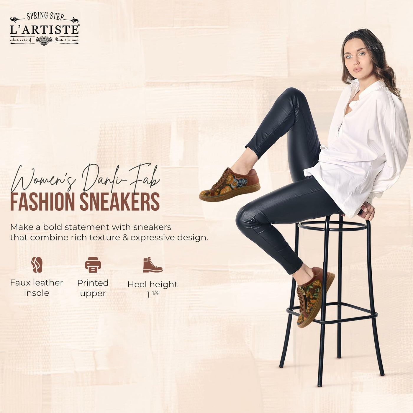 Spring Step L'Artiste Danli-Fab Fashion Sneakers – Premium Leather with Tapestry Print Upper - Lace Up Zipper Closure, Removable Insole, Flat Platform Sole