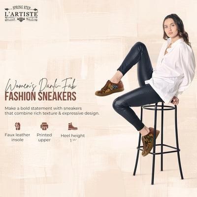 Spring Step L'Artiste Danli-Fab Fashion Sneakers – Premium Leather with Tapestry Print Upper - Lace Up Zipper Closure, Removable Insole, Flat Platform Sole