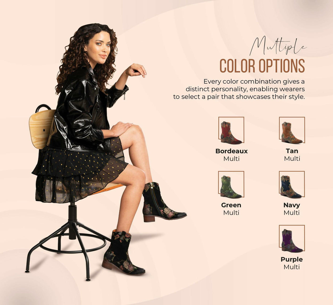Spring Step L'Artiste Ladyluck Booties for Women - Floral Leather and Suede Women's Chelsea Boots - Western Ankle Boots for Women with Low Heel - Navy US 9.5-10