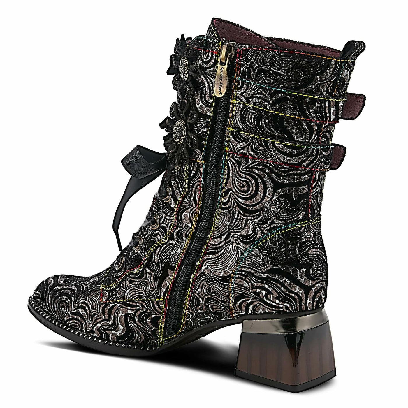 Spring Step L'Artiste Originala Women's Suede Boot – Handpainted Western Style with Buckle, Zipper, Lace-Up - Comfortable Rubber Sole, Padded Insole, Black EU 41 / US 9.5-10