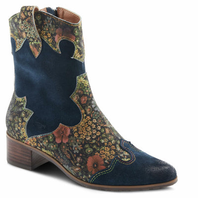 Spring Step L'Artiste Ladyluck Booties for Women - Floral Leather and Suede Women's Chelsea Boots - Western Ankle Boots for Women with Low Heel - Navy US 7.5-8