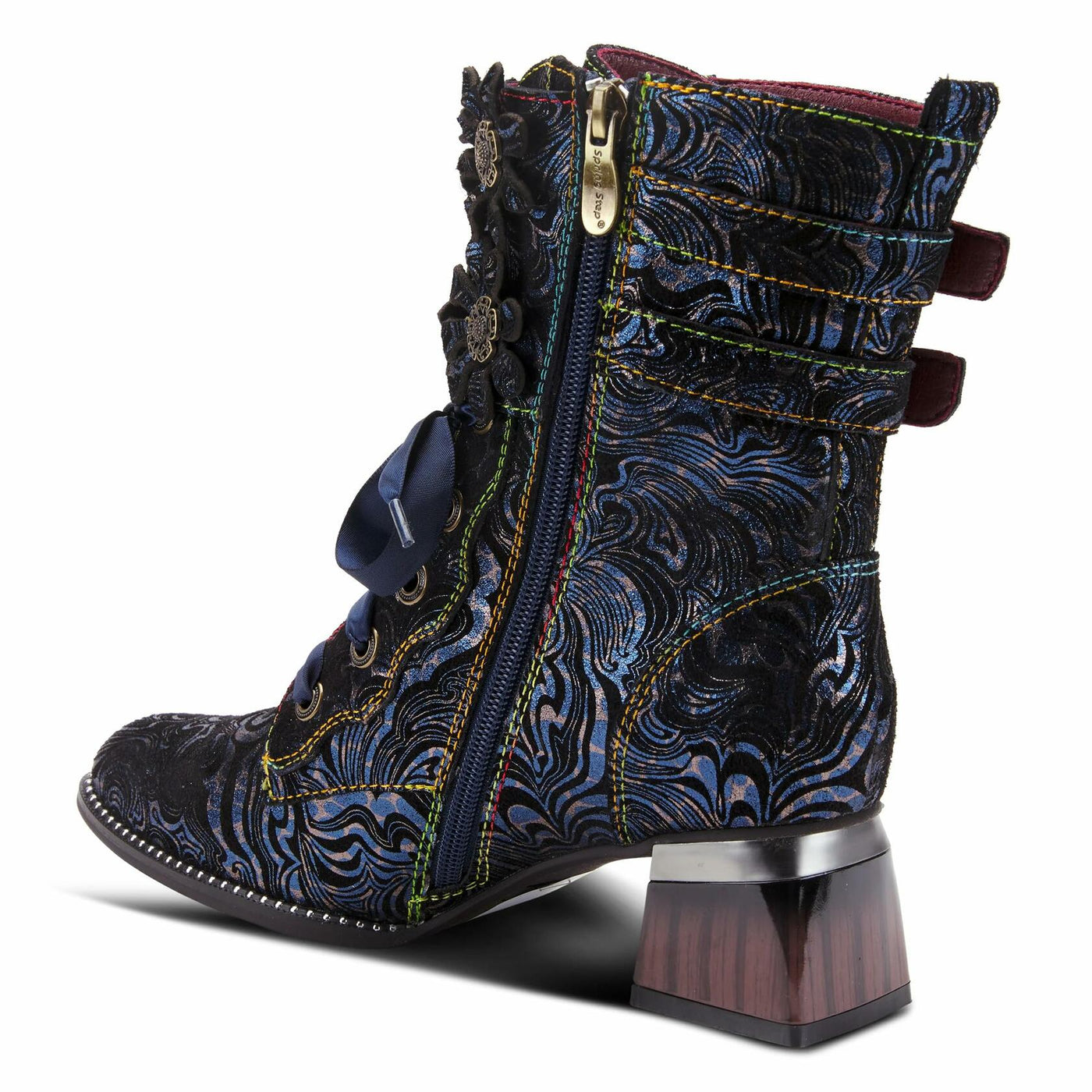Spring Step L'Artiste Originala Women's Suede Boot – Handpainted Western Style with Buckle, Zipper, Lace-Up - Comfortable Rubber Sole, Padded Insole, Navy EU 39 / US 8.5