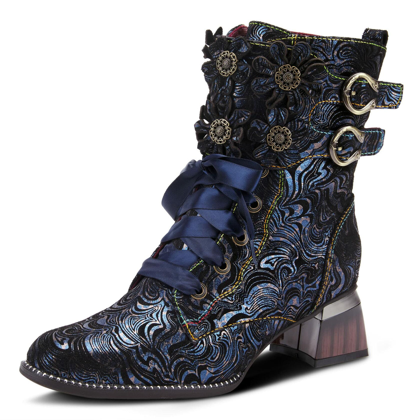 Spring Step L'Artiste Originala Women's Suede Boot – Handpainted Western Style with Buckle, Zipper, Lace-Up - Comfortable Rubber Sole, Padded Insole, Navy EU 39 / US 8.5