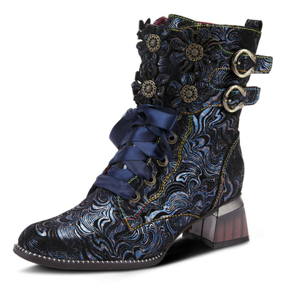 Spring Step L'Artiste Originala Women's Suede Boot – Handpainted Western Style with Buckle, Zipper, Lace-Up - Comfortable Rubber Sole, Padded Insole, Navy EU 39 / US 8.5