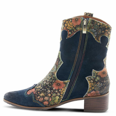 Spring Step L'Artiste Ladyluck Booties for Women - Floral Leather and Suede Women's Chelsea Boots - Western Ankle Boots for Women with Low Heel - Navy US 7.5-8