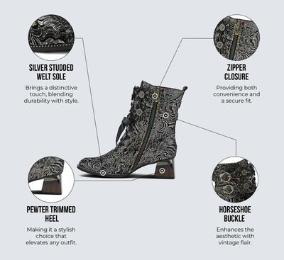 Spring Step L'Artiste Originala Women's Suede Boot – Handpainted Western Style with Buckle, Zipper, Lace-Up - Comfortable Rubber Sole, Padded Insole, Black EU 41 / US 9.5-10