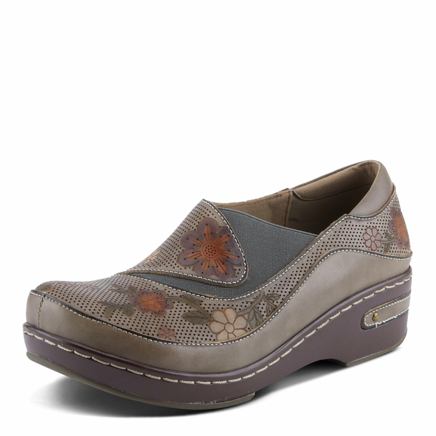 Spring Step L'Artiste Burbank-Flower Women's Bohemian Clogs - Perforated Leather, Artistic Flair, Luxurious Comfort Grey Multi EU 38/ US 7.5-8