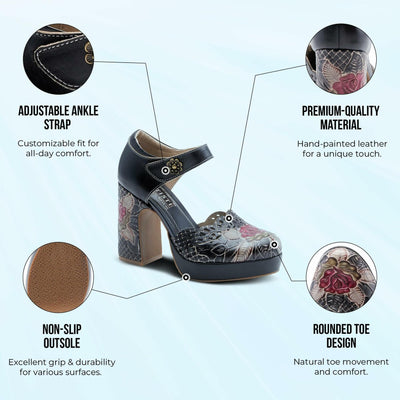 L'Artiste Debbihary Mary Jane Pump Shoes for Women | Pointed Closed Toe High Heels for Women with Rose Embossed Details and Adjustable Ankle Strap Black Multi EU 36 / US 5.5-6