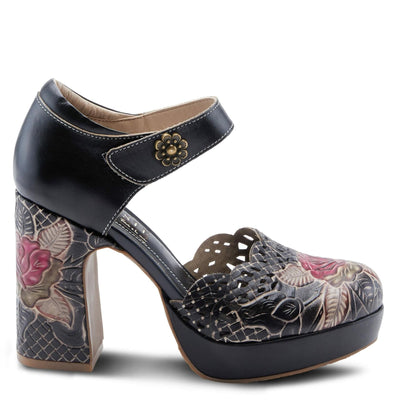 L'Artiste Debbihary Mary Jane Pump Shoes for Women | Pointed Closed Toe High Heels for Women with Rose Embossed Details and Adjustable Ankle Strap Black Multi EU 36 / US 5.5-6