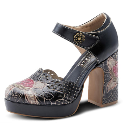 L'Artiste Debbihary Mary Jane Pump Shoes for Women | Pointed Closed Toe High Heels for Women with Rose Embossed Details and Adjustable Ankle Strap Black Multi EU 36 / US 5.5-6