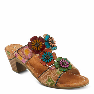 Spring Step L'Artiste Women's SUMMERFUN Hand-Painted Sandals - Leather Wrapped Heel, Asymmetrical Flower Design Tan Multi EU 36 / US 5.5-6