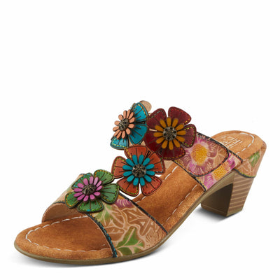 Spring Step L'Artiste Women's SUMMERFUN Hand-Painted Sandals - Leather Wrapped Heel, Asymmetrical Flower Design Tan Multi EU 36 / US 5.5-6