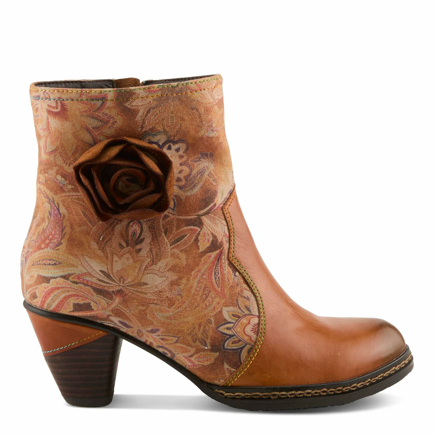 Spring Step L'Artiste Naima Heeled Booties | Floral-Printed Leather Ankle Boots with Rose Cutout Design CAMEL MULTI EU 39 / US 8.5