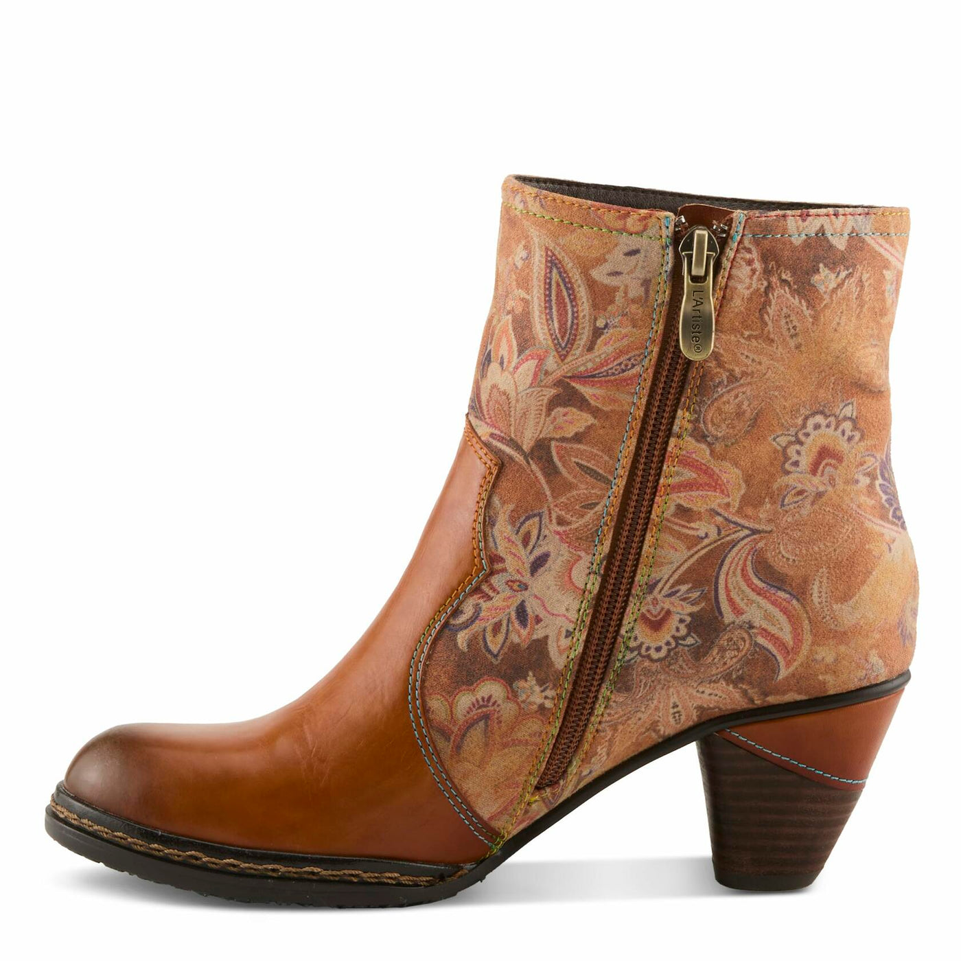 Spring Step L'Artiste Naima Heeled Booties | Floral-Printed Leather Ankle Boots with Rose Cutout Design CAMEL MULTI EU 39 / US 8.5