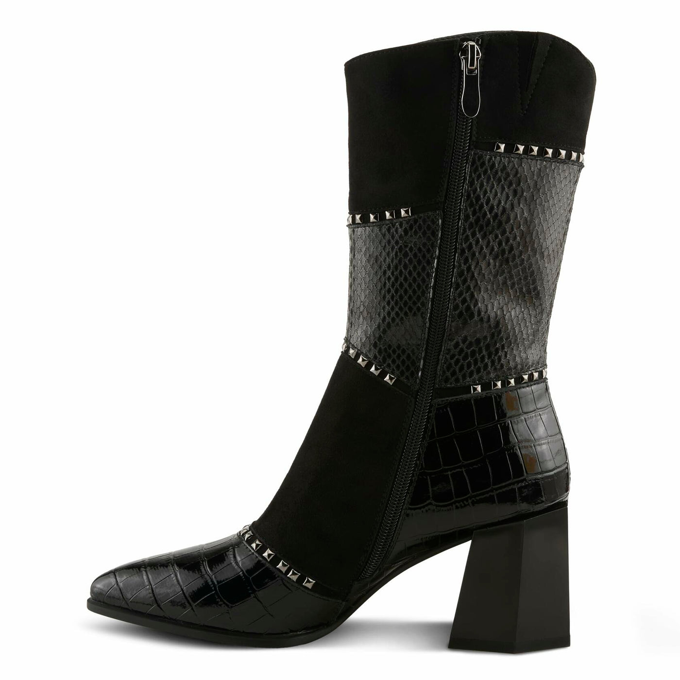 Azura Women's ZAYRINA Mid-Shaft Leather Boots with Animal Print, Stud Details, and Zipper Closure Black EU 37 / US 6.5-7