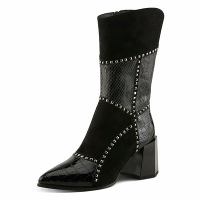 Azura Women's ZAYRINA Mid-Shaft Leather Boots with Animal Print, Stud Details, and Zipper Closure Black EU 37 / US 6.5-7