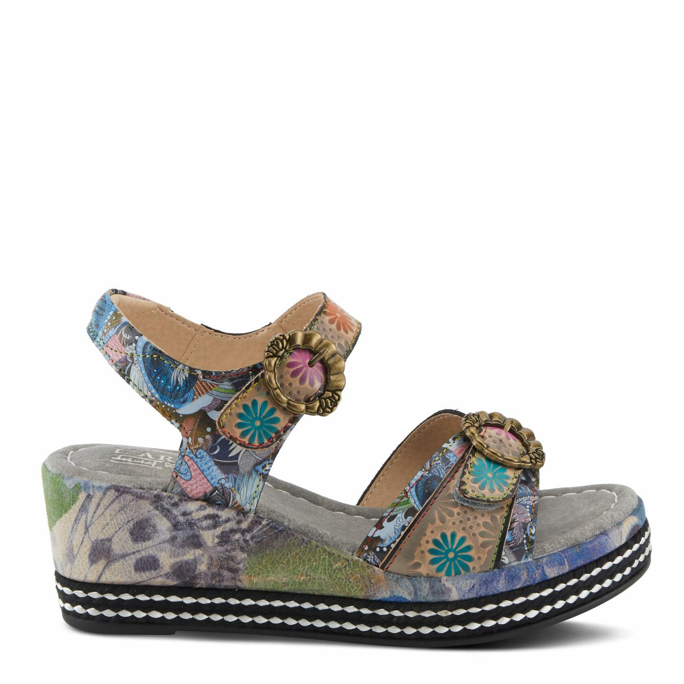 Spring Step L'Artiste Women's FLAVOUR Fashion Wrapped Wedged Sandals | Hand-Painted Leather Accents, Hook and Loop Closure Grey Multi EU 38 / US 7.5-8
