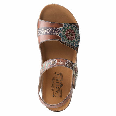 L'Artiste Women's ROSHNI Slingback Sandals – Hand-Painted Leather Floral Wedge with Adjustable Comfort Straps Camel Multi EU 38/7.5-8