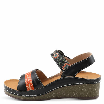 L'Artiste Women's ROSHNI Slingback Sandals – Hand-Painted Leather Floral Wedge with Adjustable Comfort Straps Black Multi EU 37/6.5-7