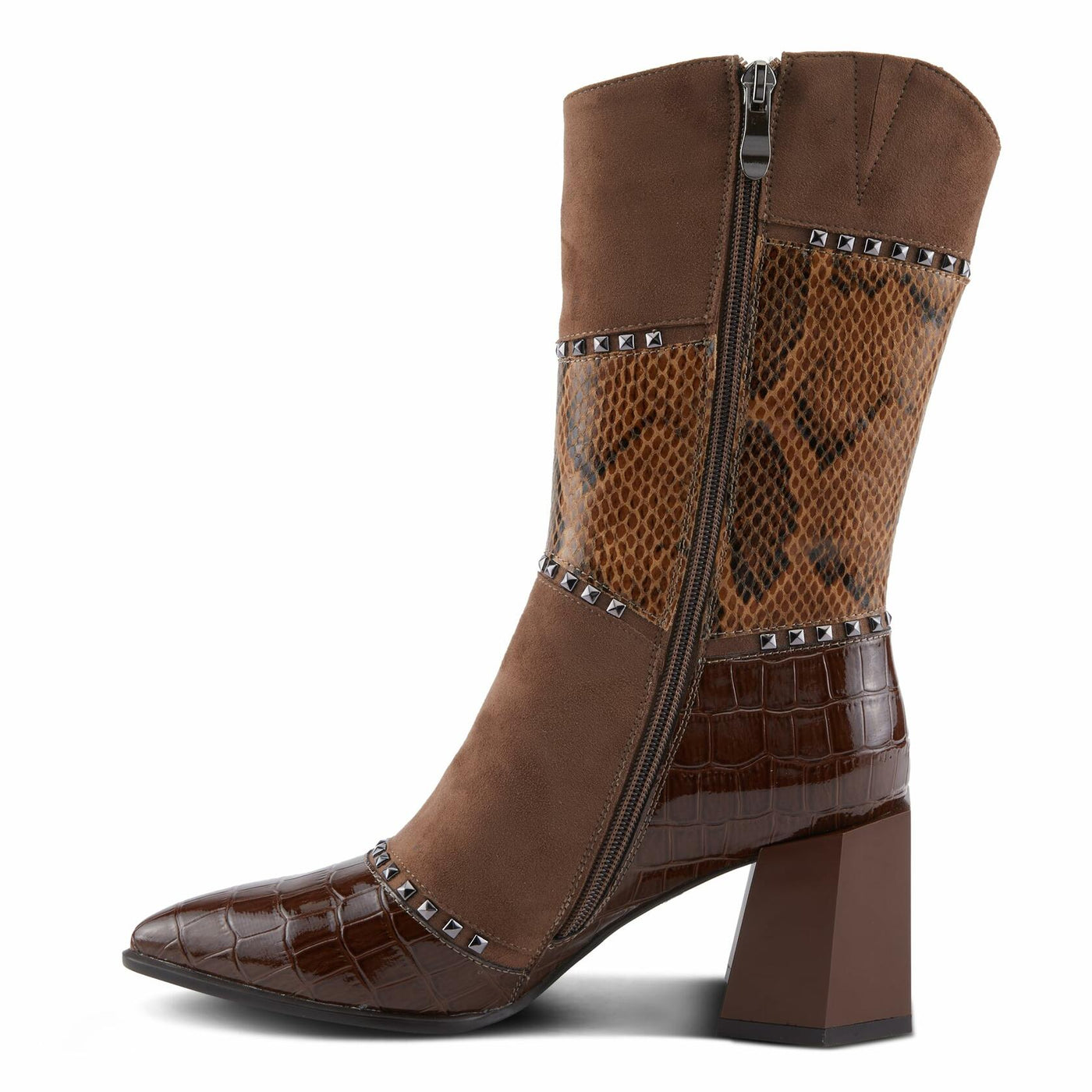 Azura Women's ZAYRINA Mid-Shaft Leather Boots with Animal Print, Stud Details, and Zipper Closure Brown EU 40 / US 9