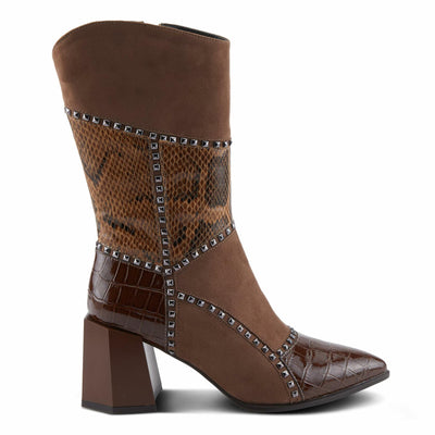 Azura Women's ZAYRINA Mid-Shaft Leather Boots with Animal Print, Stud Details, and Zipper Closure Brown EU 40 / US 9
