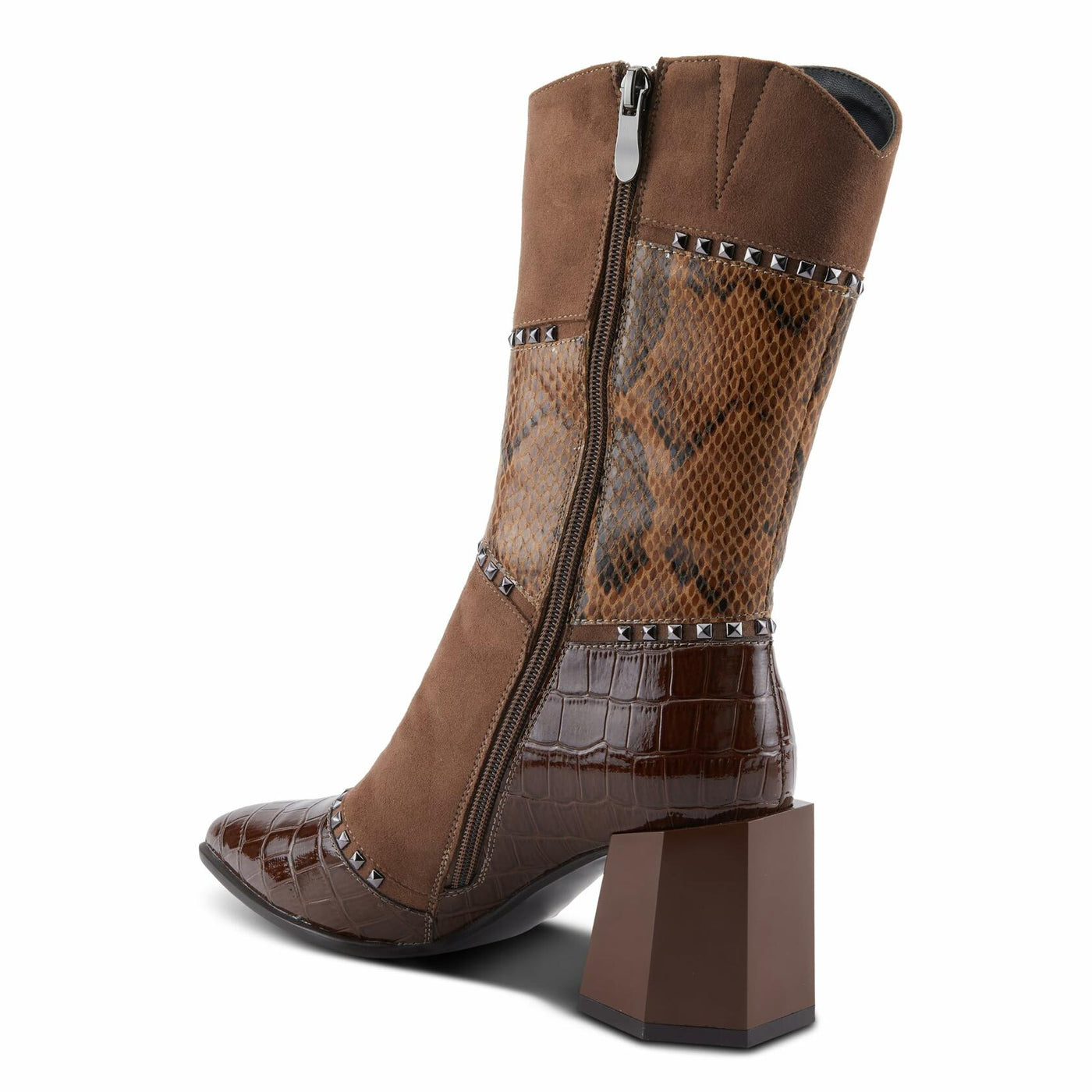 Azura Women's ZAYRINA Mid-Shaft Leather Boots with Animal Print, Stud Details, and Zipper Closure Brown EU 40 / US 9