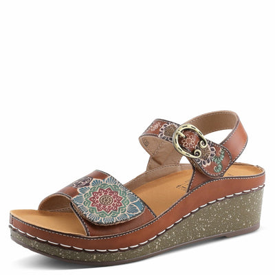 L'Artiste Women's ROSHNI Slingback Sandals – Hand-Painted Leather Floral Wedge with Adjustable Comfort Straps Camel Multi EU 38/7.5-8