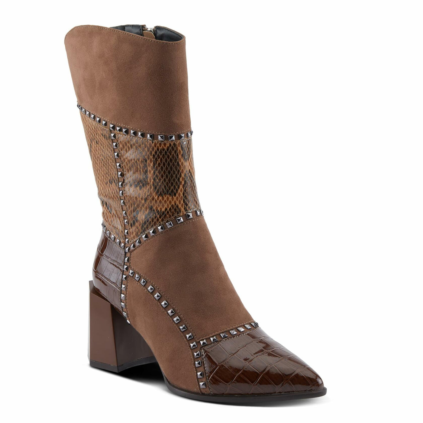 Azura Women's ZAYRINA Mid-Shaft Leather Boots with Animal Print, Stud Details, and Zipper Closure Brown EU 40 / US 9