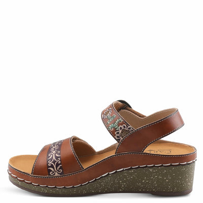 L'Artiste Women's ROSHNI Slingback Sandals – Hand-Painted Leather Floral Wedge with Adjustable Comfort Straps Camel Multi EU 38/7.5-8