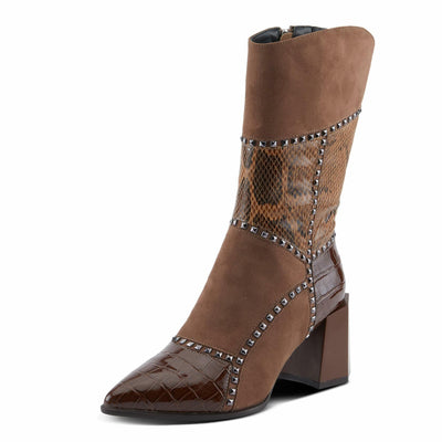 Azura Women's ZAYRINA Mid-Shaft Leather Boots with Animal Print, Stud Details, and Zipper Closure Brown EU 40 / US 9