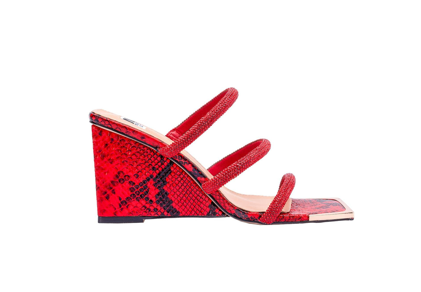 Ninety Union Angel 3 Band Metallic Snake Open Toe Wedge Slide, Red, 11