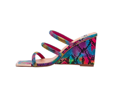 Ninety Union Angel 3 Band Metallic Snake Open Toe Wedge Slide, Rainbow, 10