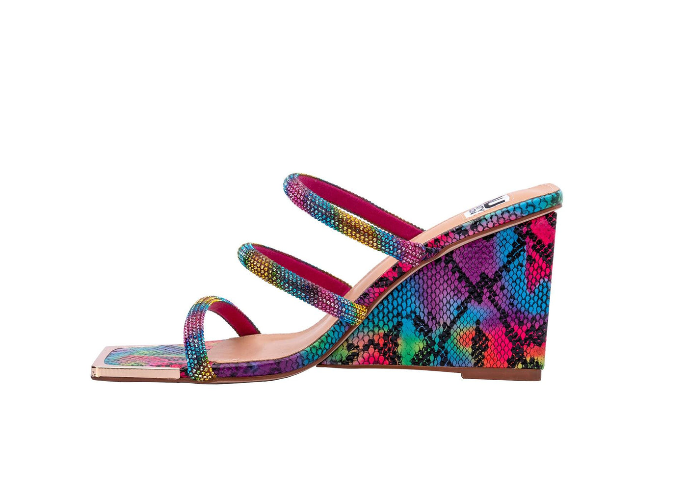 Ninety Union Angel 3 Band Metallic Snake Open Toe Wedge Slide, Rainbow, 10