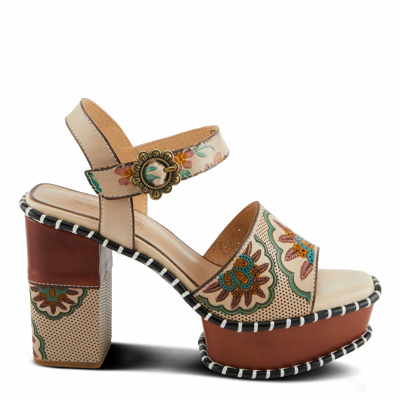 Spring Step L'Artiste Women's GOGETEM Retro Platform Sandals - Hand-Painted Flower Design, Decorative Floral Buckle Chocolate Multi EU 36 / US 5.5-6