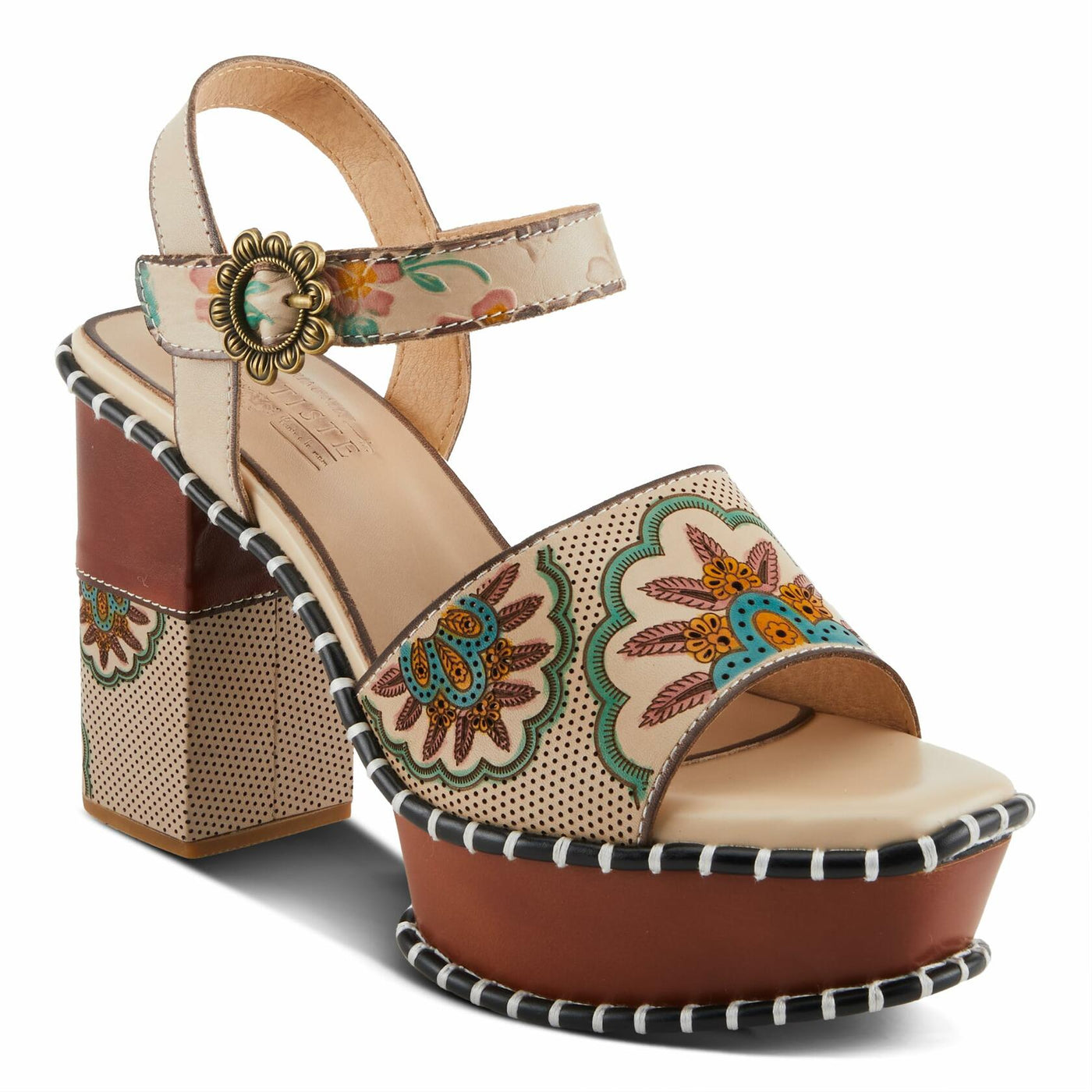 Spring Step L'Artiste Women's GOGETEM Retro Platform Sandals - Hand-Painted Flower Design, Decorative Floral Buckle Chocolate Multi EU 36 / US 5.5-6