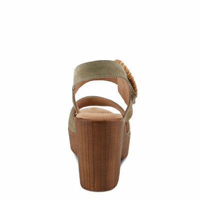 Spring Step Women's Gamona Ankle-Strap Heeled Sandal with Decorative Buckle - Cork Chunky High Heel Olive Suede EU 39/8.5