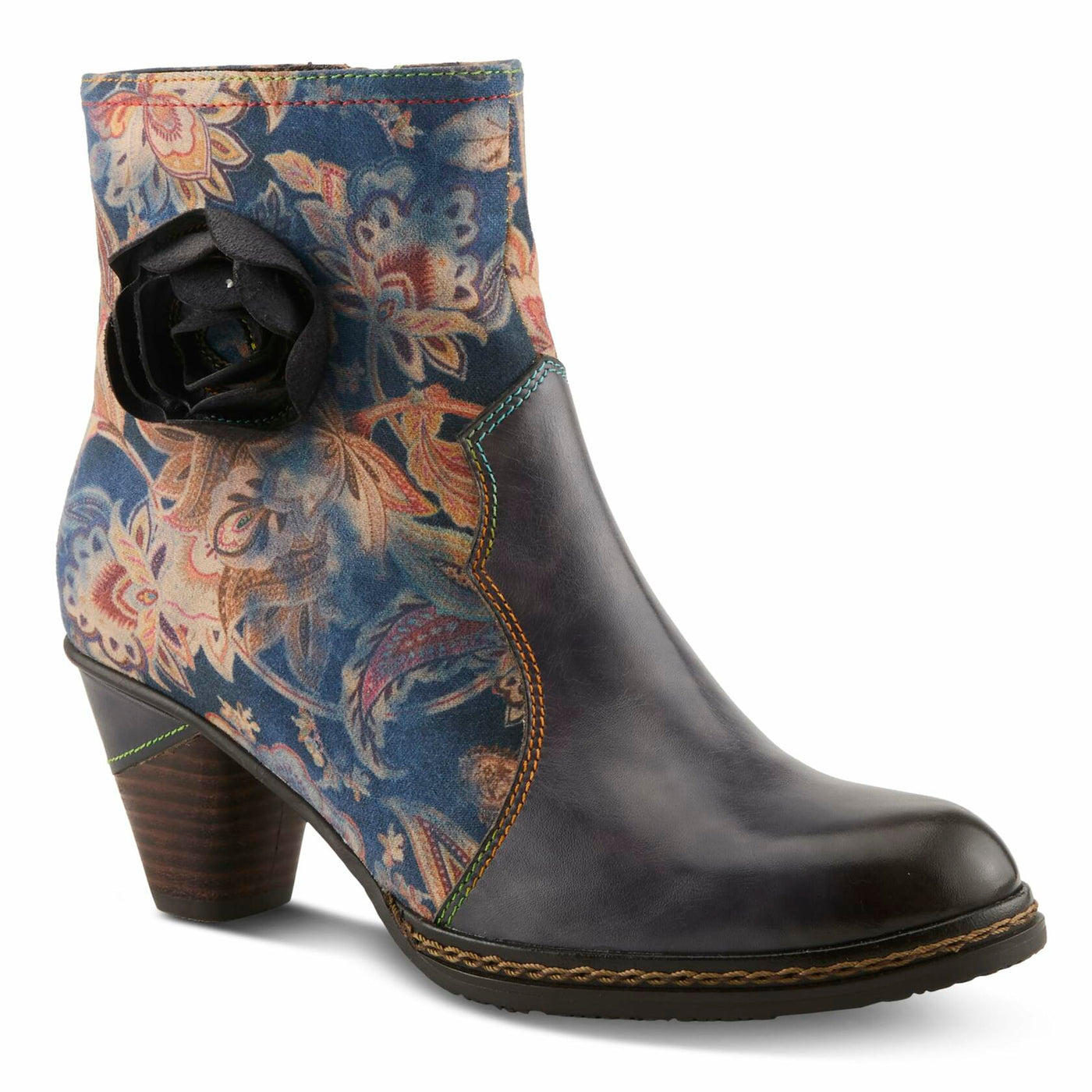 Spring Step L'Artiste Naima Heeled Booties | Floral-Printed Leather Ankle Boots with Rose Cutout Design BLUE MULTI EU 37 / US 6.5-7