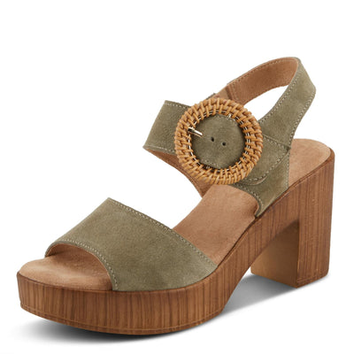 Spring Step Women's Gamona Ankle-Strap Heeled Sandal with Decorative Buckle - Cork Chunky High Heel Olive Suede EU 39/8.5