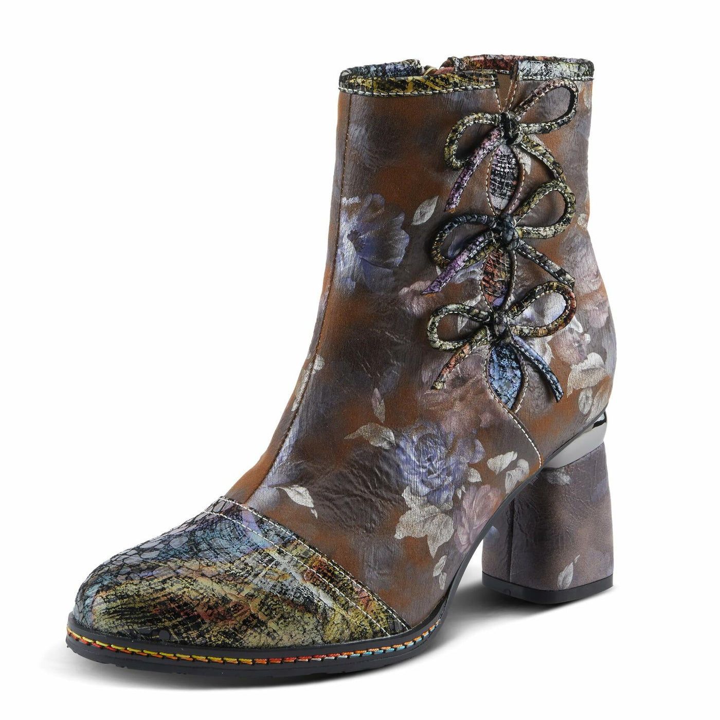 Spring Step L'Artiste Carre Women's Chic Bootie - Multi-Colored Metallics & Floral Designs, Stylish Heeled Ankle Boots Brown Multi EU 38/ US 7.5-8