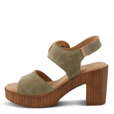 Spring Step Women's Gamona Ankle-Strap Heeled Sandal with Decorative Buckle - Cork Chunky High Heel Olive Suede EU 39/8.5