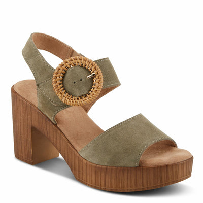 Spring Step Women's Gamona Ankle-Strap Heeled Sandal with Decorative Buckle - Cork Chunky High Heel Olive Suede EU 39/8.5