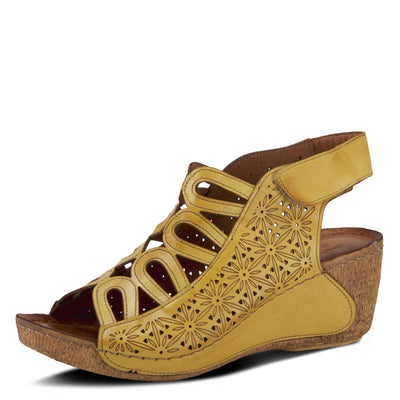 Spring Step Inocencia Women's Leather Wedge Sandals | Low Heel Sandals for Women with Floral Laser Cut Design, Hook and Loop Strap, Mediterranean Style Yellow EU 41 / US 9.5-10
