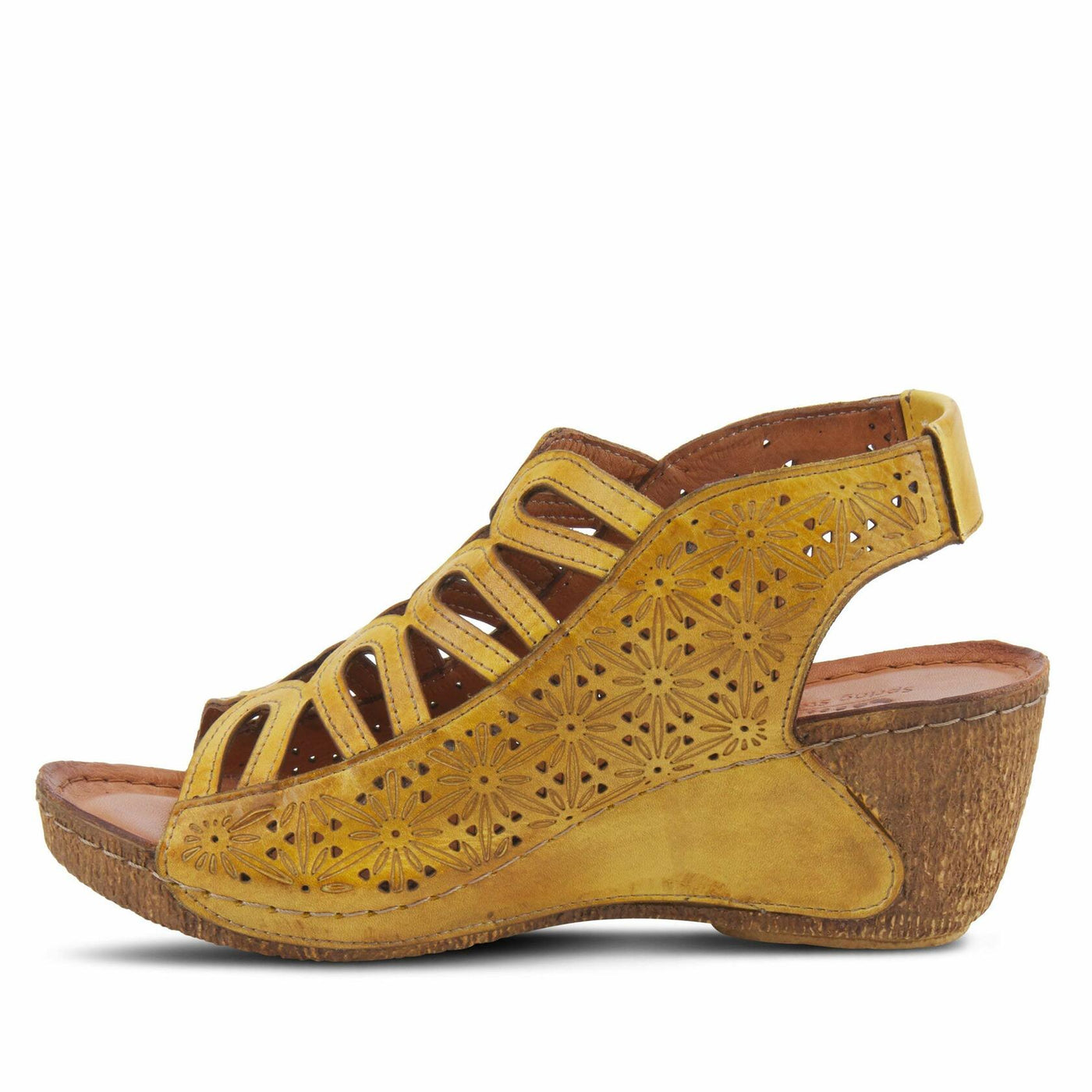 Spring Step Inocencia Women's Leather Wedge Sandals | Low Heel Sandals for Women with Floral Laser Cut Design, Hook and Loop Strap, Mediterranean Style Yellow EU 41 / US 9.5-10
