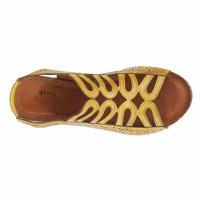 Spring Step Inocencia Women's Leather Wedge Sandals | Low Heel Sandals for Women with Floral Laser Cut Design, Hook and Loop Strap, Mediterranean Style Yellow EU 41 / US 9.5-10