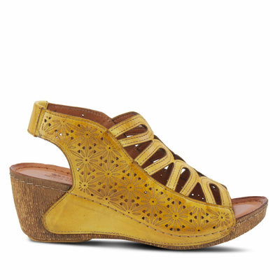 Spring Step Inocencia Women's Leather Wedge Sandals | Low Heel Sandals for Women with Floral Laser Cut Design, Hook and Loop Strap, Mediterranean Style Yellow EU 41 / US 9.5-10