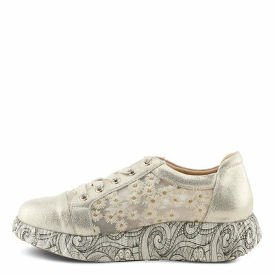 L'Artiste Women's SNEAKHEART Lace-Up Sneakers – Metallic Floral Embroidery, Breathable Mesh, Removable Insole, Street-Chic Design Light Beige Multi EU 40 / US 9