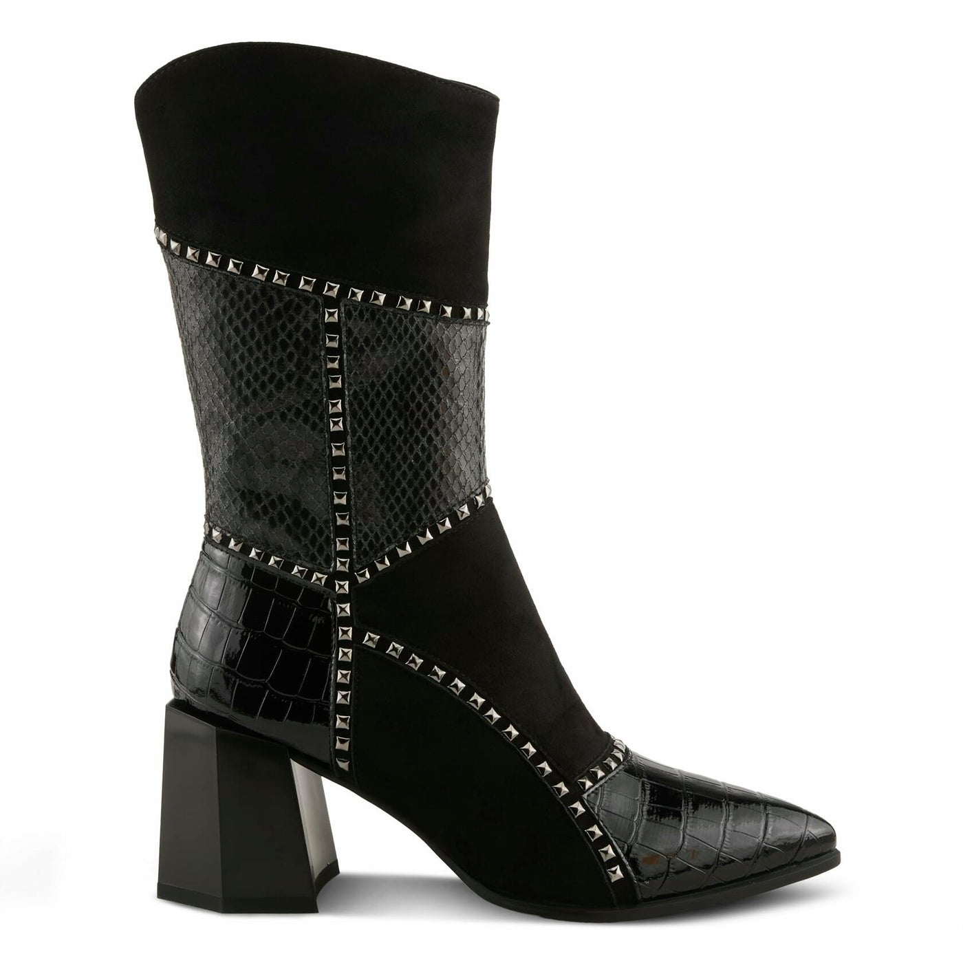 Azura Women's ZAYRINA Mid-Shaft Leather Boots with Animal Print, Stud Details, and Zipper Closure Black EU 36 / US 5.5-6