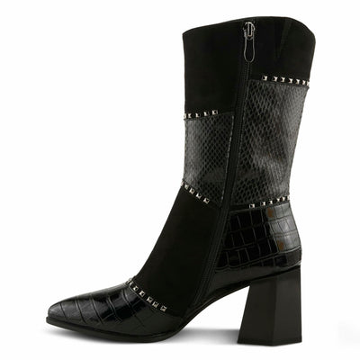Azura Women's ZAYRINA Mid-Shaft Leather Boots with Animal Print, Stud Details, and Zipper Closure Black EU 36 / US 5.5-6