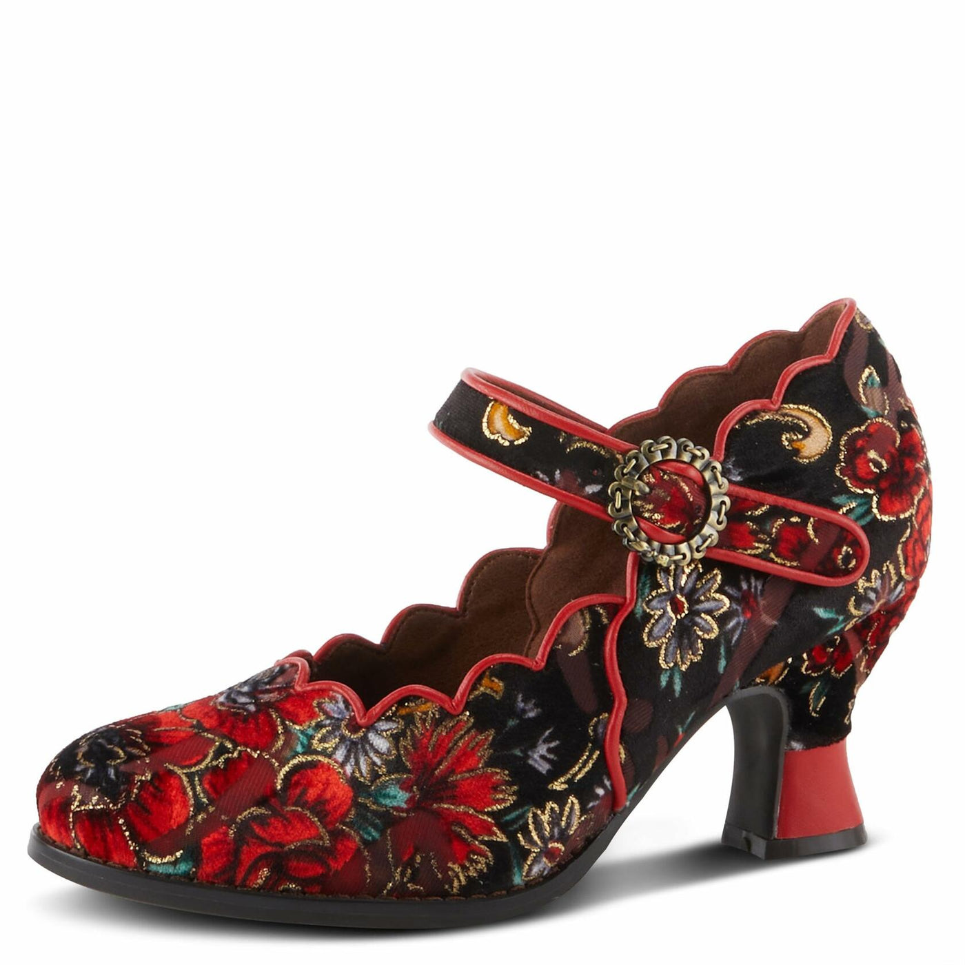 Spring Step L'Artiste Adodora Mary Jane Heeled Shoes for Women - Hand Painted Floral Tapestry, Hook and Loop with Velvet Lining Cushioned Insole, 2.5? Heel, Red Multi EU 37 / US 6.5-7